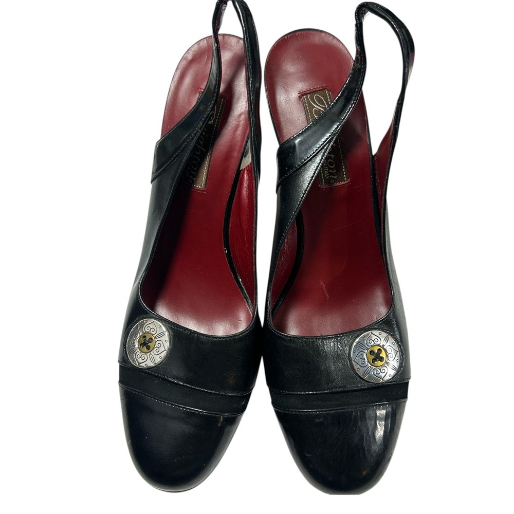 Brighton Bree Black Leather Slingback Heels Made in Italy Silver Hardware 8.5M - Picture 12 of 14